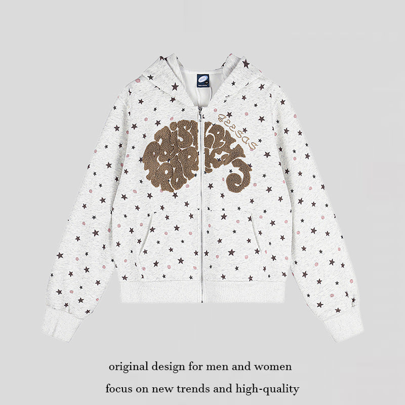 Women's Hoodie Sweat Jacket with Star Allover, Structured French Terry and Sparkling Front Application Chichicherry