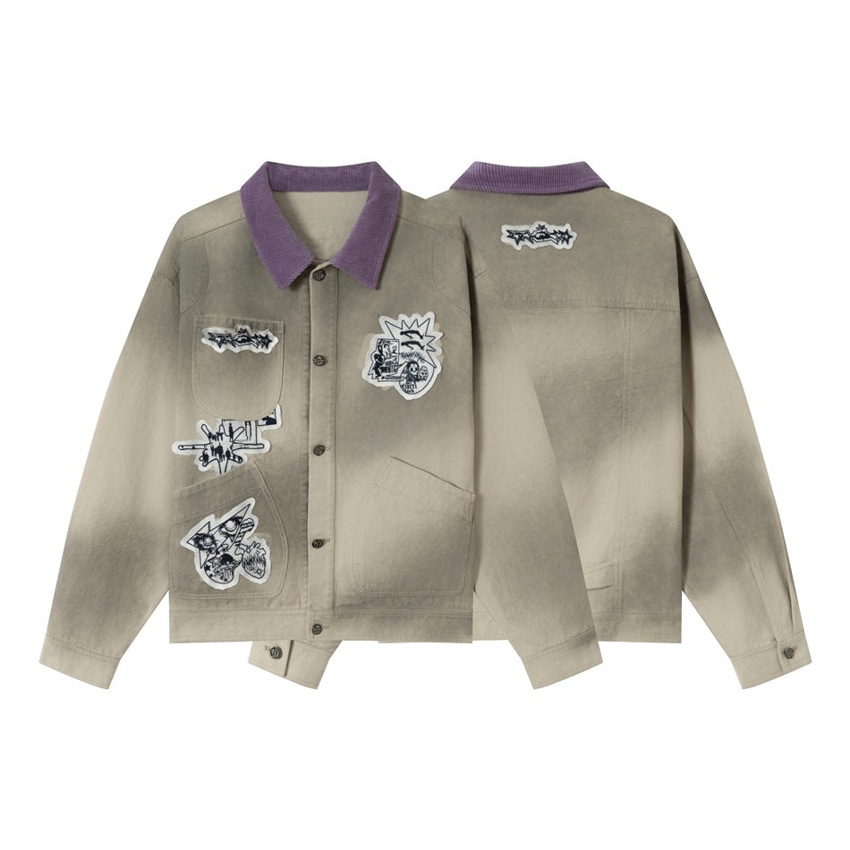 Unisex Traditionally tailored chore jacket made of cotton canvas with artistic patch applications and cord collar Chichicherry