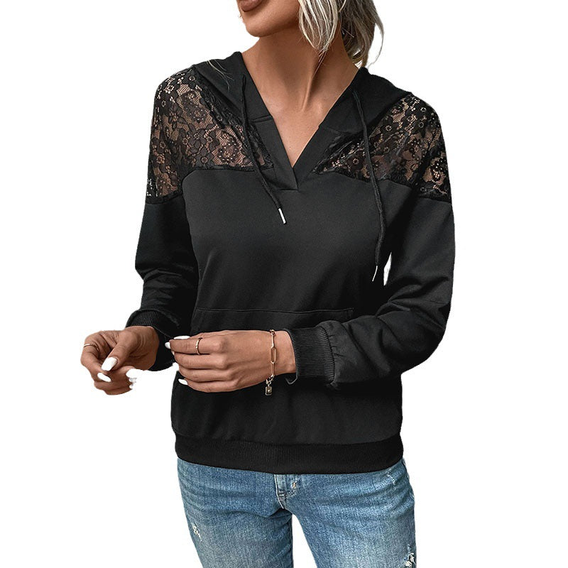 Ladies hooded sweatshirt with lace insert and V-neck Chichicherry