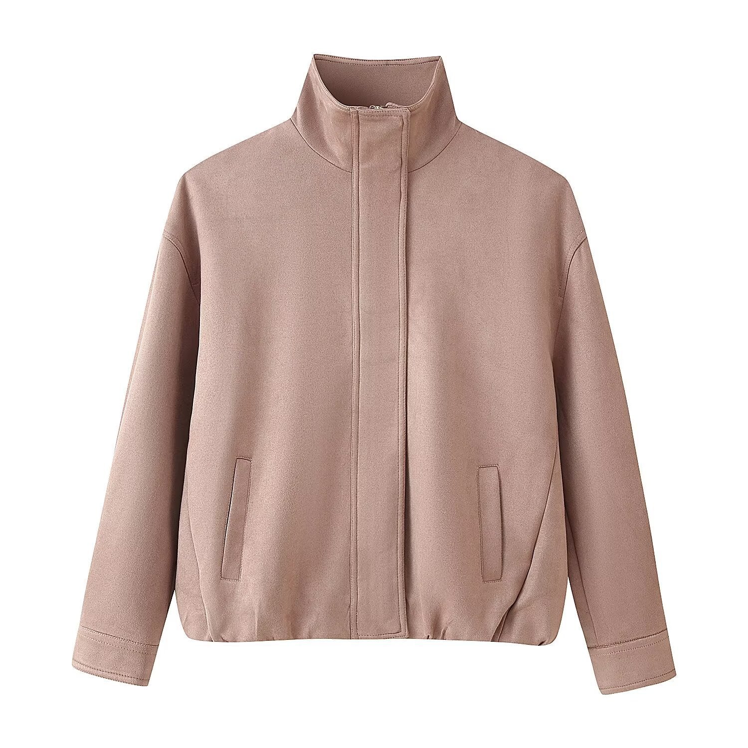 Women's Boxy Short Jacket with High Stand Collar and Concealed Zipper Chichicherry