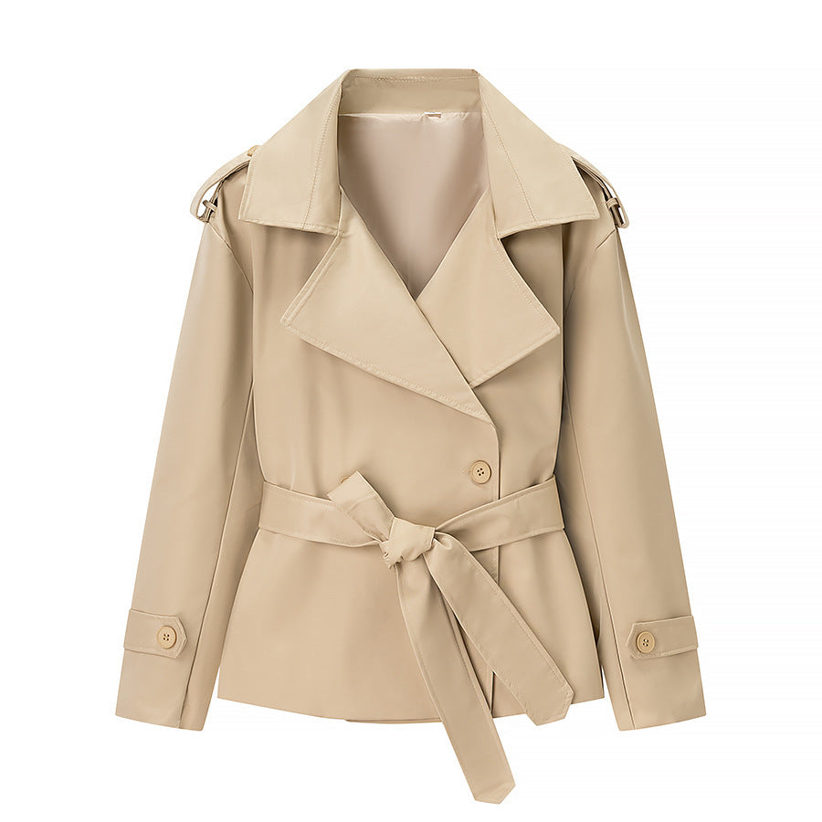Women Short Trench Coat with dropped shoulders, large lapel collar and wrap belt Chichicherry