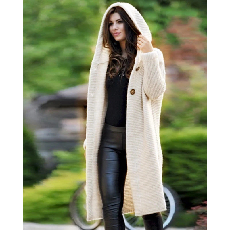 Women's Hooded Knit Coat with Oversized Cut and Button Placket Chichicherry