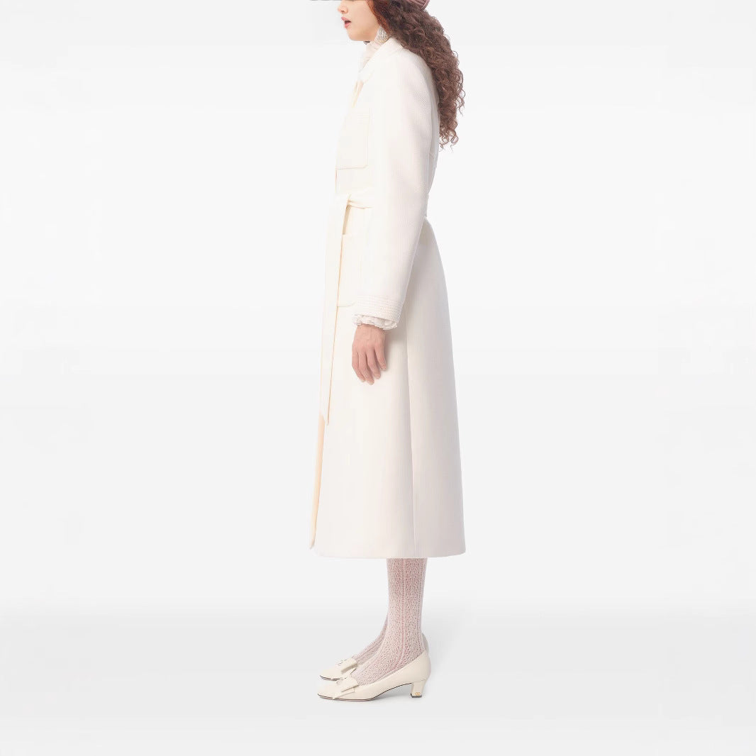 Women's longer tailored wool coat with tie belt and lace trim Chichicherry