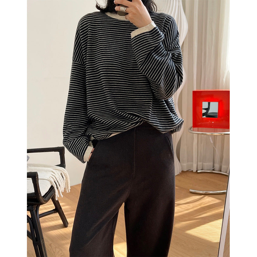 Women's Striped Fine Knit Sweater with Dropped Shoulder and Ribbed Collar Chichicherry