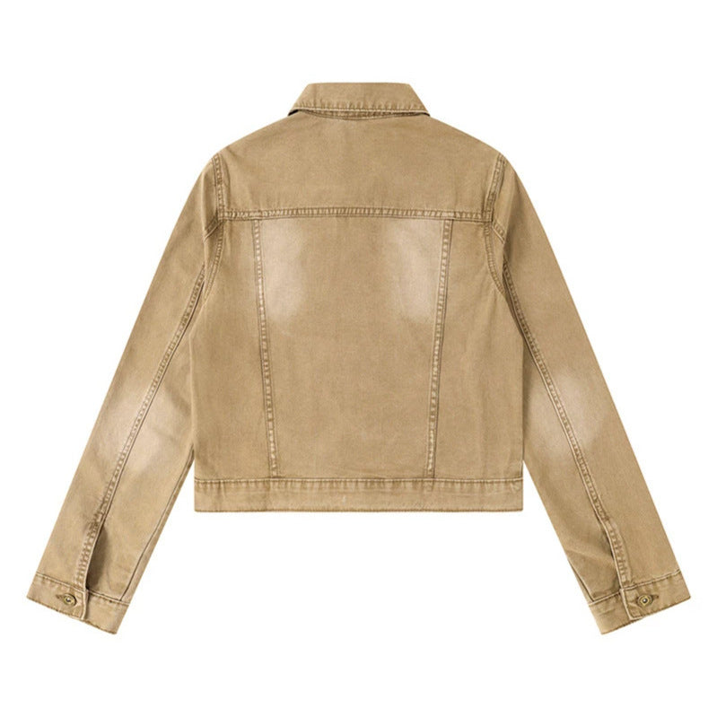 Women's Short Denim Jacket in Vintage Style with Button Placket, Chest Pockets and Fitted Cut Chichicherry