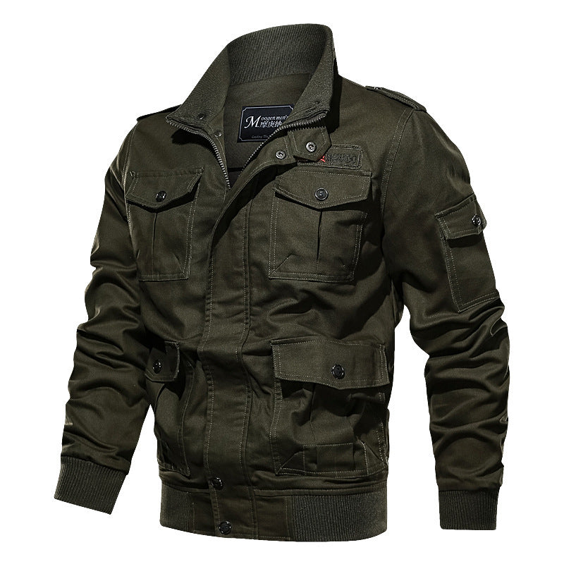 Men's Military-Inspired Canvas Field Jacket with Epaulettes, Multiple Pockets and Ribbed Hem Chichicherry