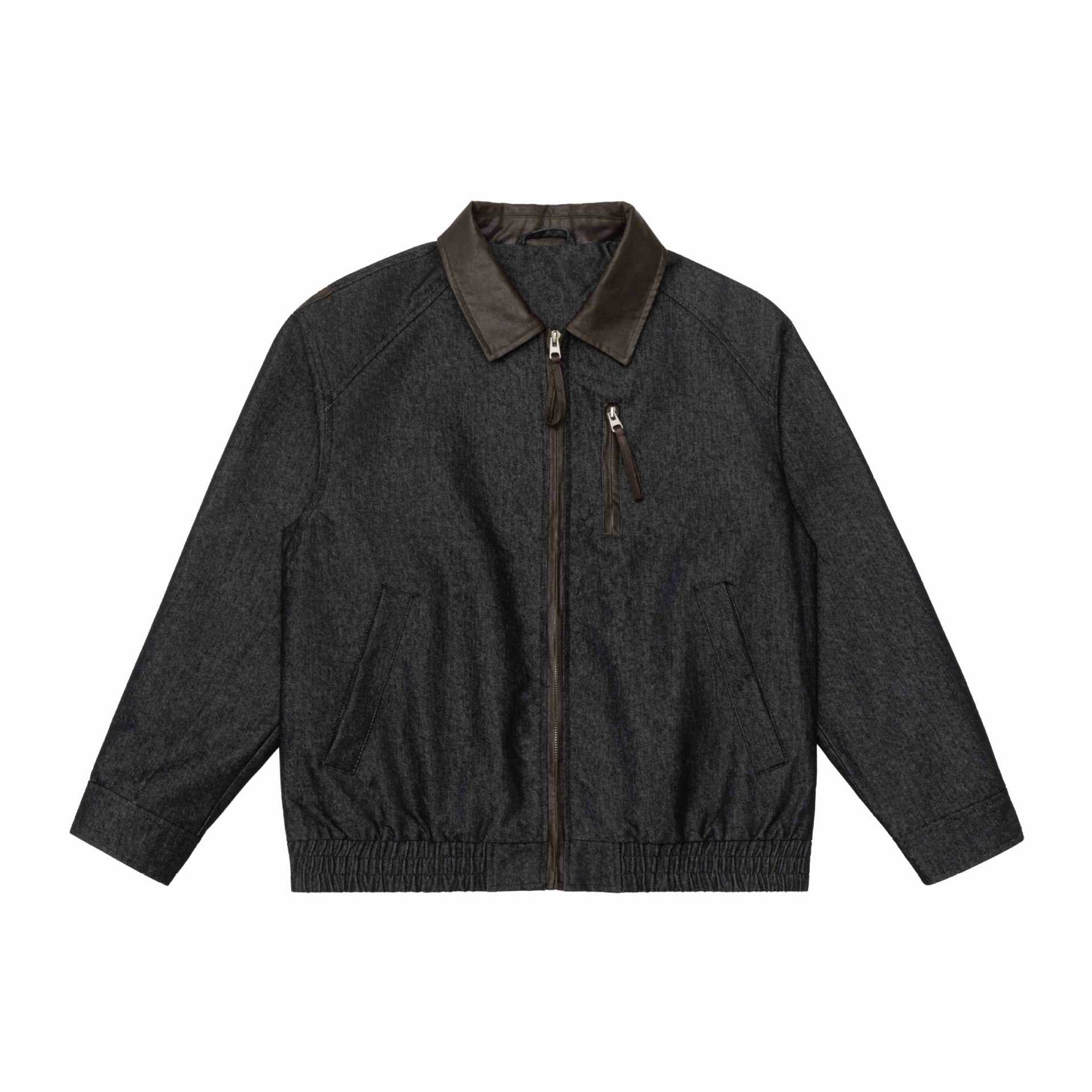 Men's short jacket in boxy cut made of wool-denim mix with leather-trimmed collar and vertical zippered chest pocket Chichicherry