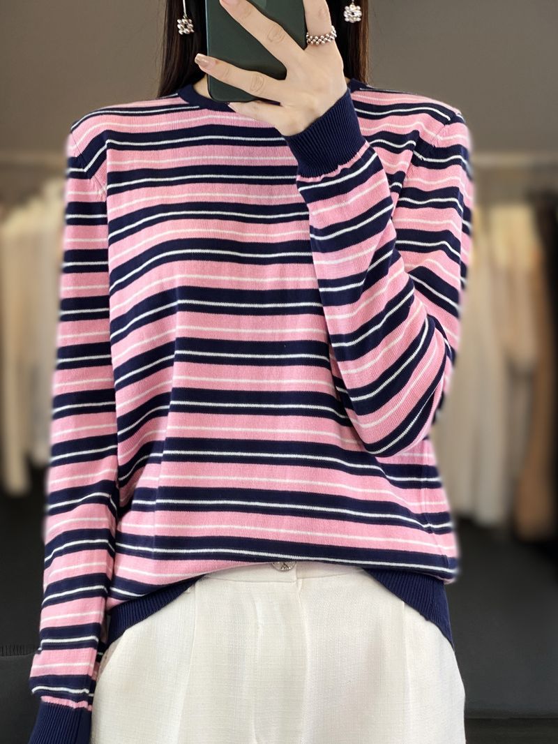 Women's Casual Striped Fine Knit Sweater with Boxy Silhouette and Contrasting Ribbed Cuffs Chichicherry