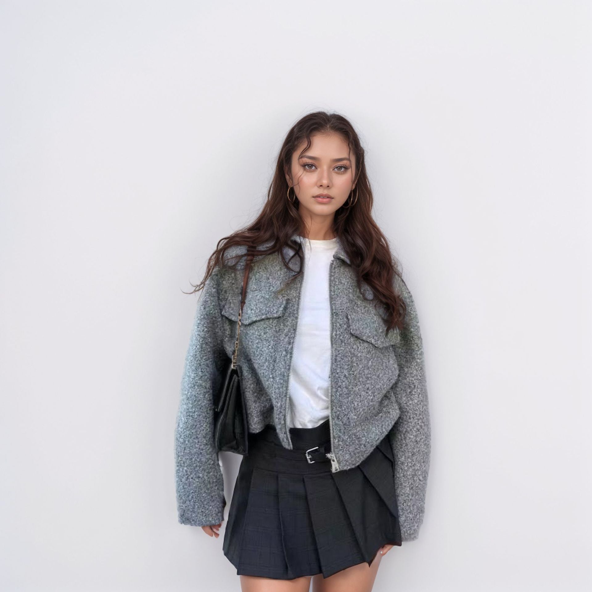 Ladies short jacket made of bouclé wool blend with zipper, shirt collar and chest flap pockets Chichicherry