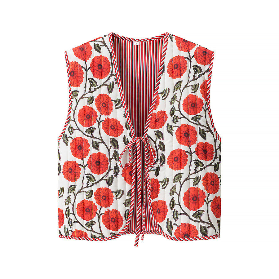 Women's Quilted Vest with Ties, diamond quilting and striped design Chichicherry