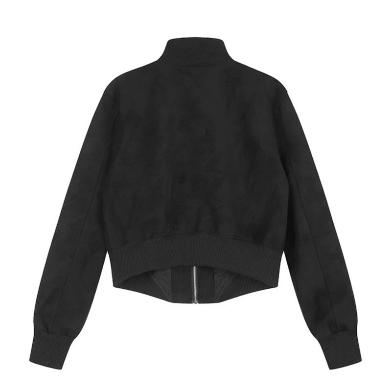 Women's Cropped Bomber Jacket with Stand-Up Collar, Shoulder Patches and Decorative Button Placket Chichicherry