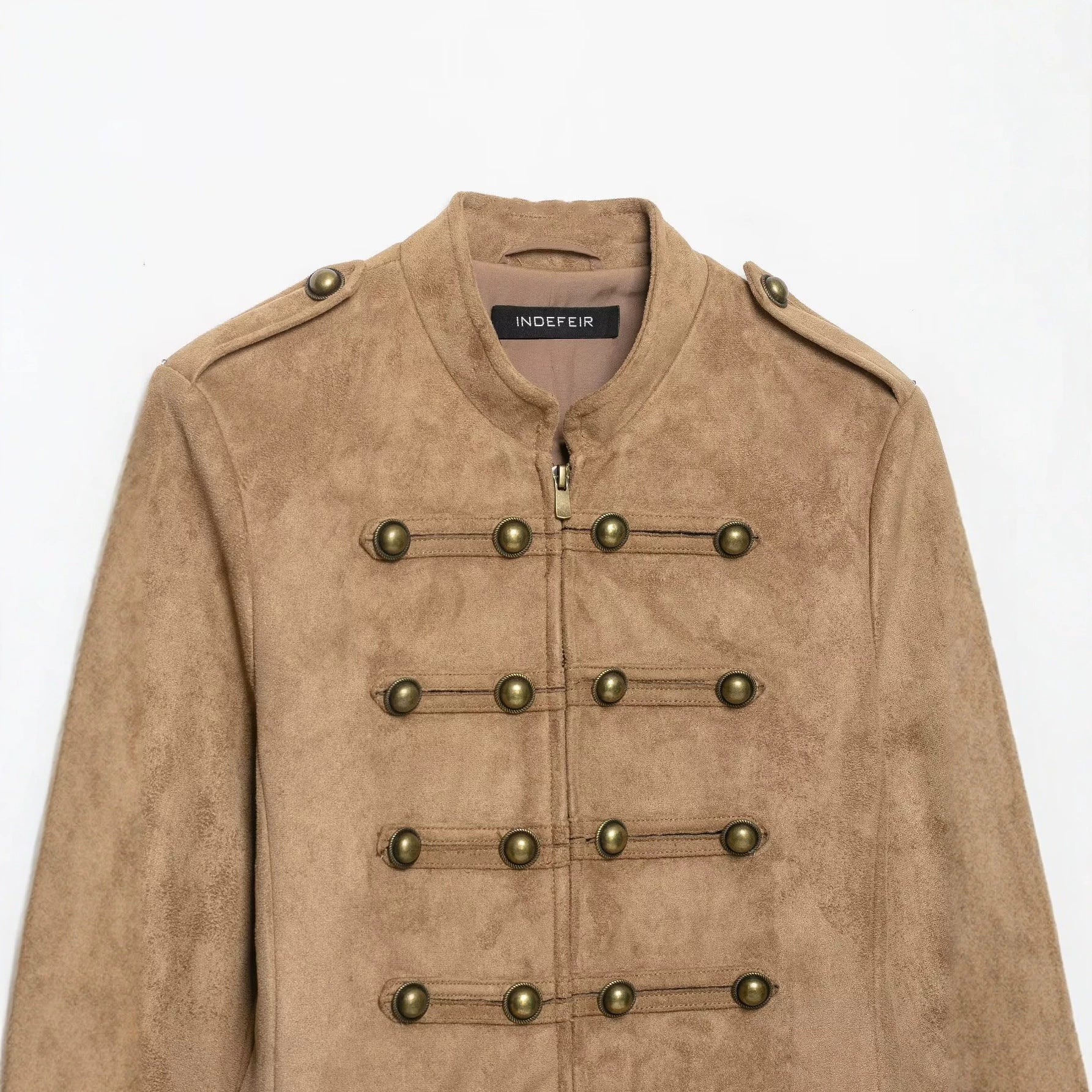 Women’s short military-style jacket made of velour imitation with stand-up collar, epaulettes, and decorative button placket Chichicherry