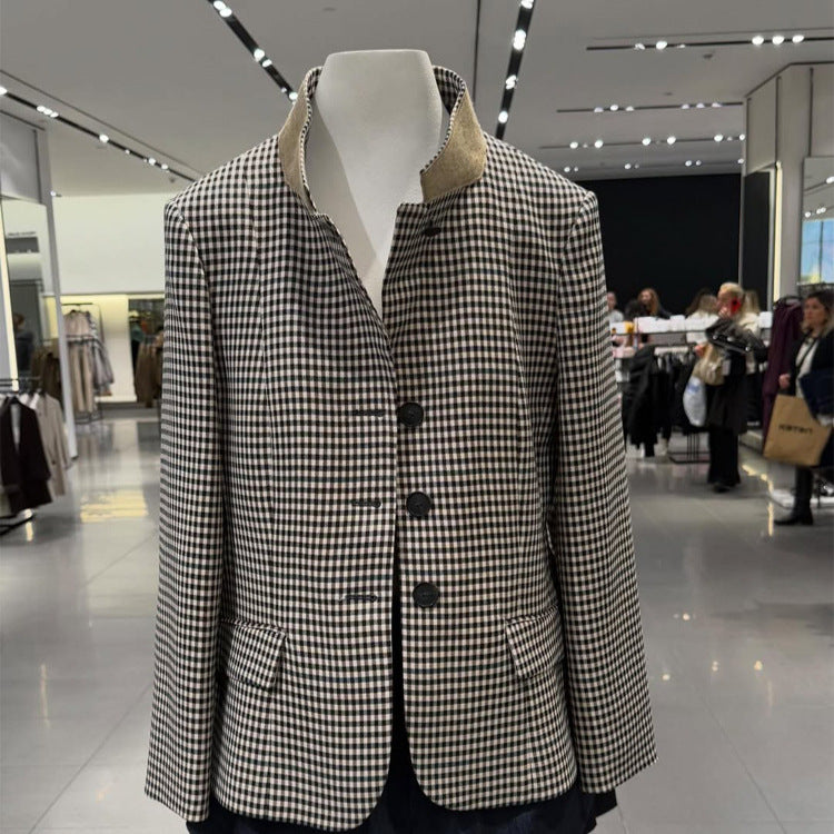 Women's Tailored Short Blazer in Vichy Check with Stand Collar and Curved Hem Chichicherry