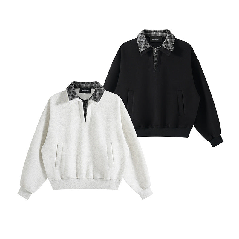 Unisex Oversized Sweatshirt with inset check shirt collar and half zipper Chichicherry