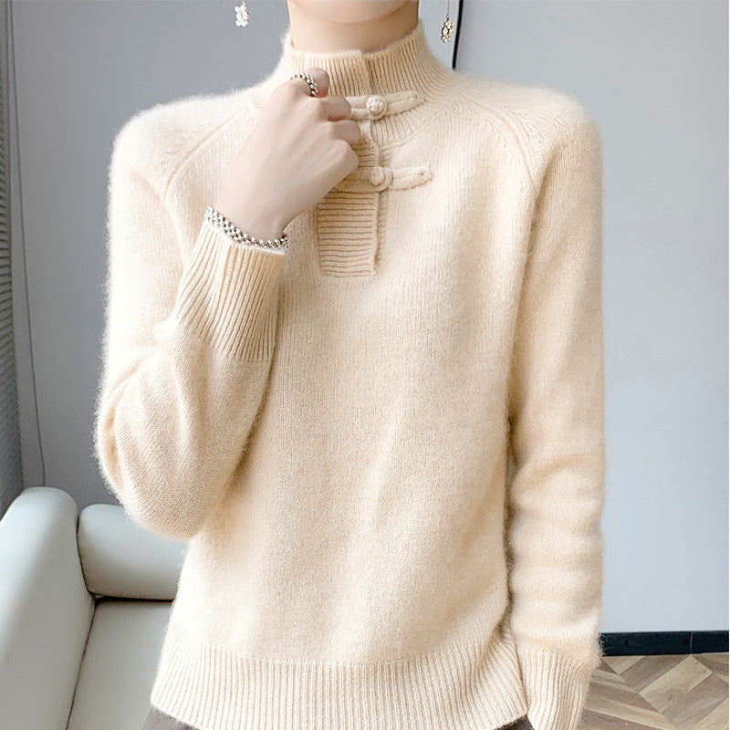 Women Cashmere-Look Mockneck Sweater with decorative Chichicherry button placket Chichicherry