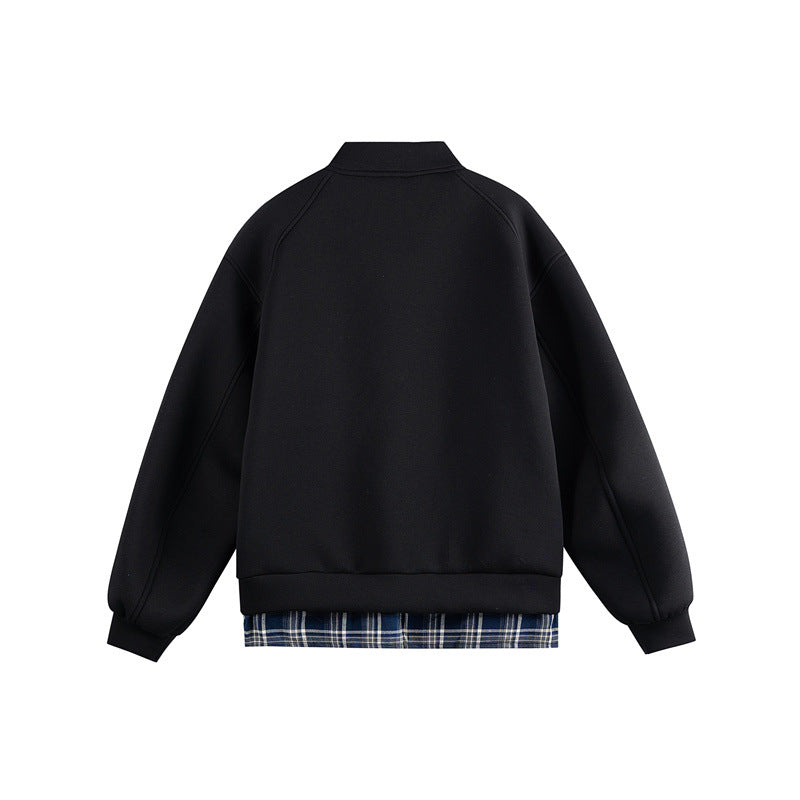 Women Two-in-One Bomber Sweat Jacket with Check Layer Insert and Stand Collar Chichicherry