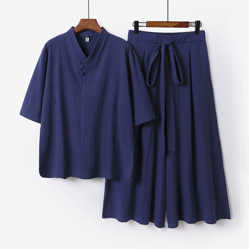 Unisex Two-Piece Kimono Lounge Set with Stand Collar Short Sleeve Top and Loose Tie Waist Pants Chichicherry