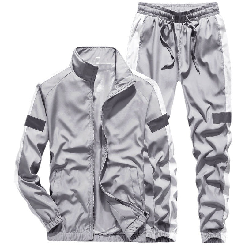 Men's Sportive Leisure Training Suit Set made of lightweight windbreaker material with contrast stripes and reflective inserts Chichicherry