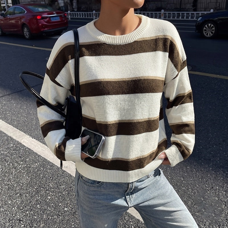 Women's Relaxed Maritime-Inspired Oversized Knit Sweater with Wide Block Stripes and Ribbed Cuffs Chichicherry
