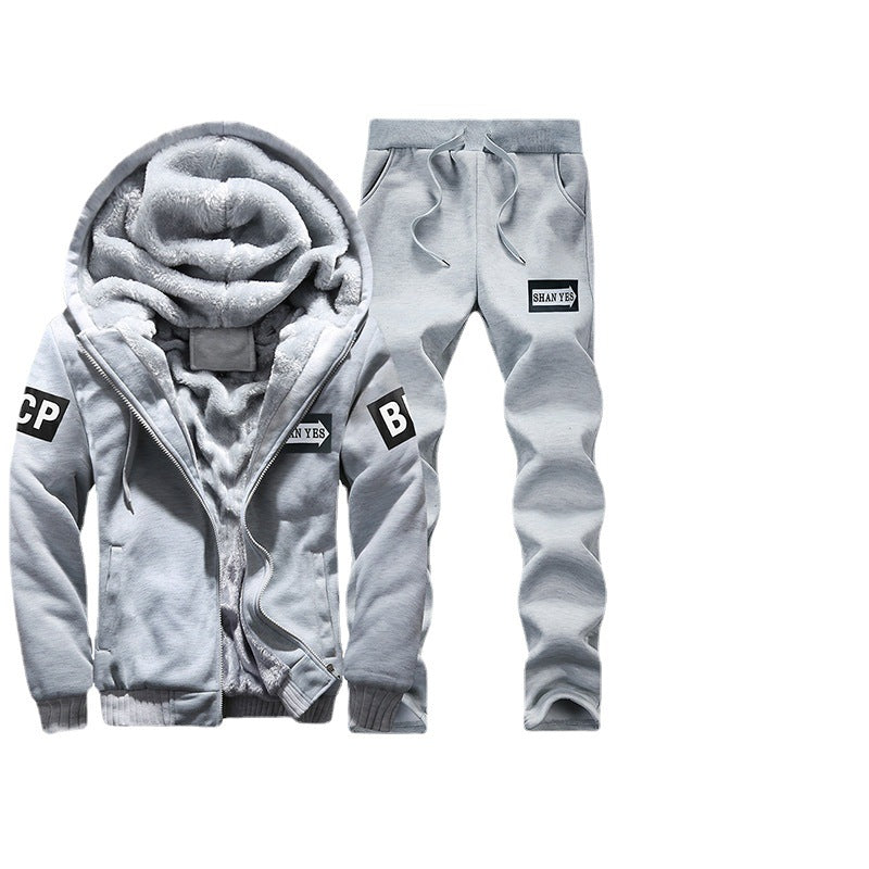 Men's warm two-piece training set with teddy lining, hooded jacket and drawstring jogging pants Chichicherry