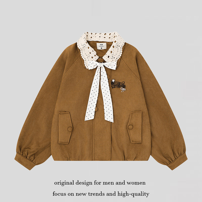 Women's Short Bomber Jacket with Crochet Collar and Ribbon Chichicherry