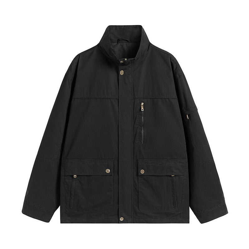 Men's Lightweight Utility Field Jacket with Stand Collar and Multiple Pockets Chichicherry