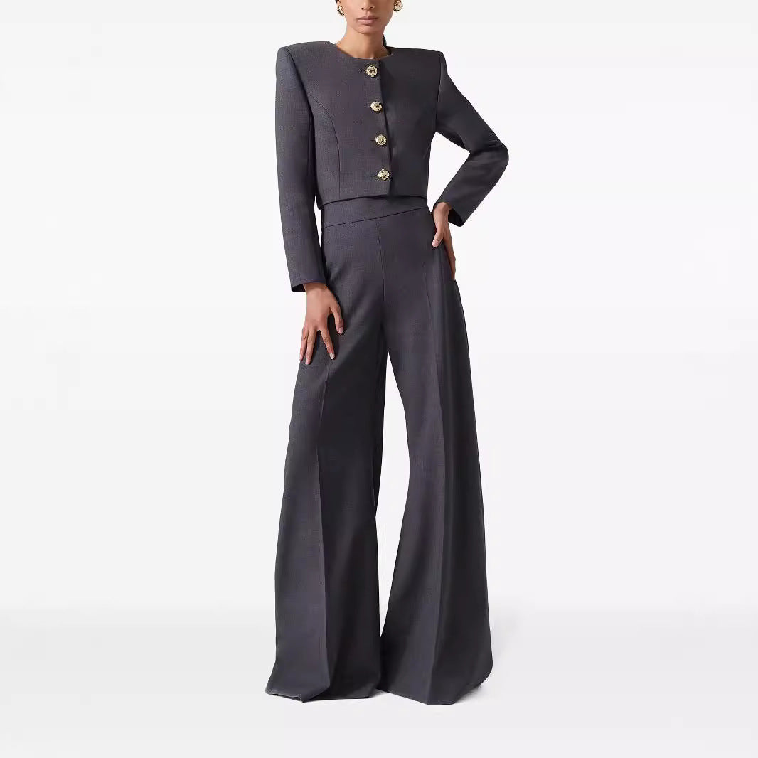 Women's Two-Piece Tailoring Suit Short Blazer with Distinctive Shoulder and High-Waisted Palazzo Pants Chichicherry