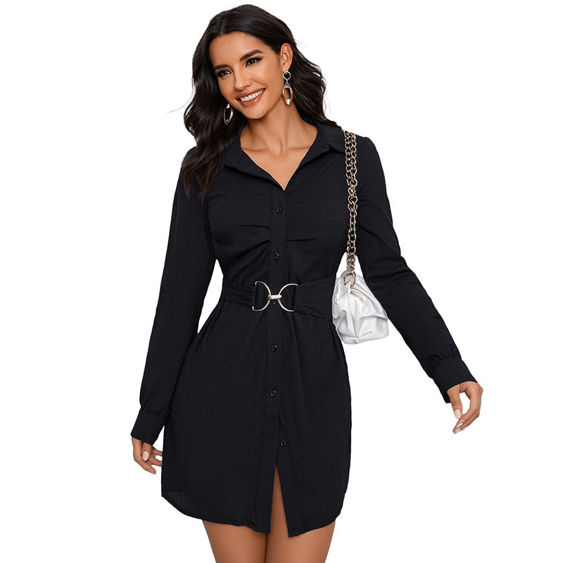 Ladies shirt blouse mini dress with waist belt and decorative metal ring Chichicherry
