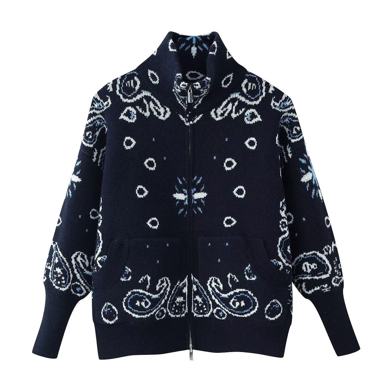 Women's chunky knit zip cardigan with stand-up collar and paisley jacquard Chichicherry