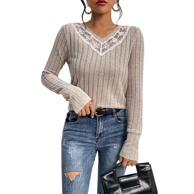 Women's Ribbed Fine Knit Long Sleeve with V-Neck and Lace Yoke Chichicherry