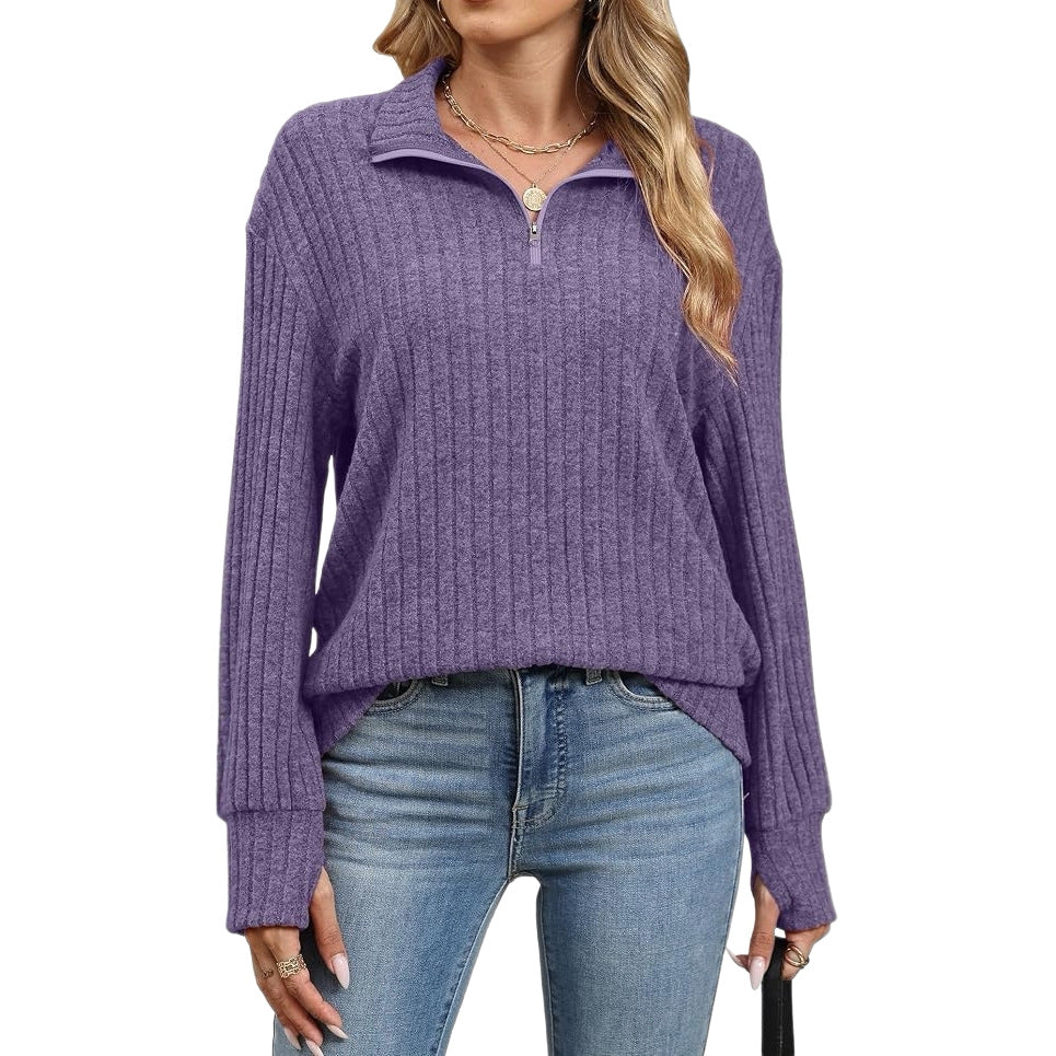 Women's Ribbed Half-Zip Sweater with Stand-Up Collar and Relaxed Fit Chichicherry