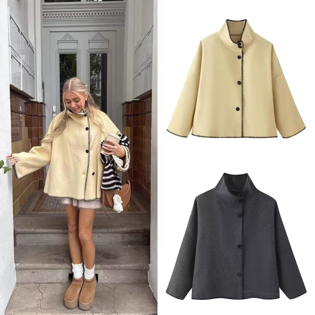 Women's Short Boxy Coat-Cape with Standing Collar and Contrast Decorative Stitch Chichicherry