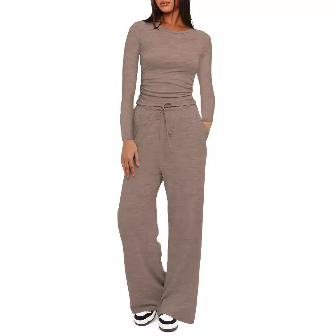 Women's Fitted Long Sleeve Shirt with Side Gathering and Loose Drawstring Jogging Pants Chichicherry
