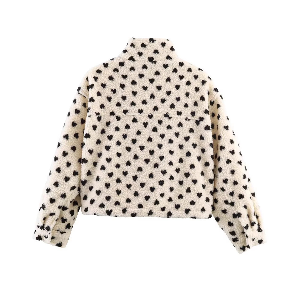 Women's Lined Teddy Jacket with Heart All-Over, Stand Collar and Drawstring Chichicherry