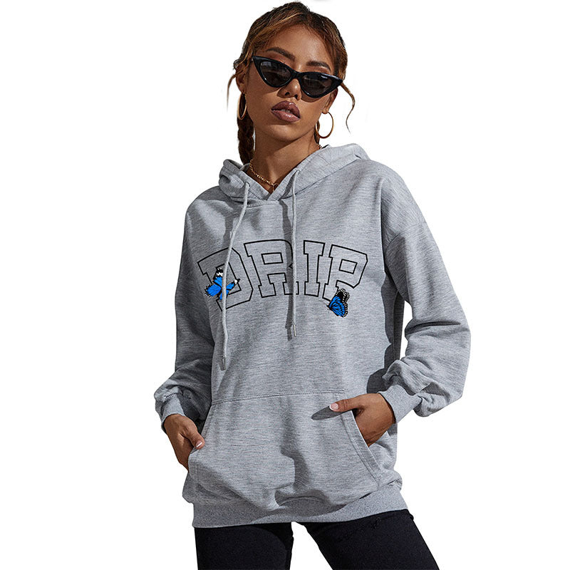 Women's Oversized Hoodie with Kangaroo Pocket and Butterfly Embroidery Chichicherry
