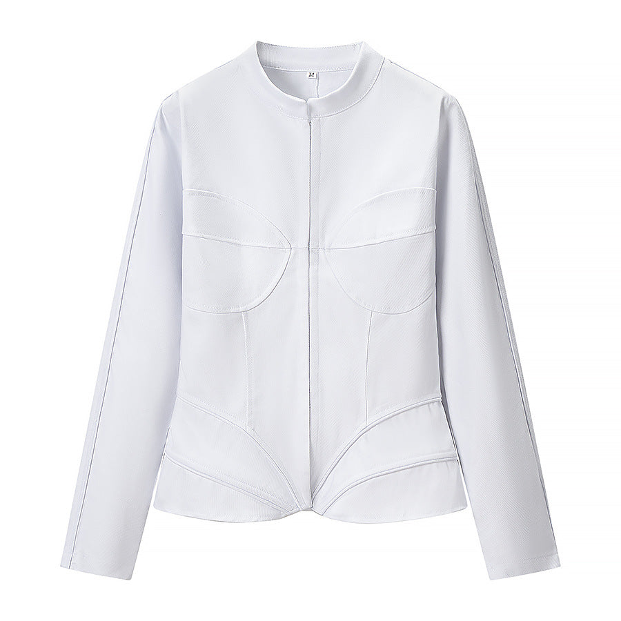 Women Tailored Short Jacket with Stand Collar and Contouring Darts Chichicherry