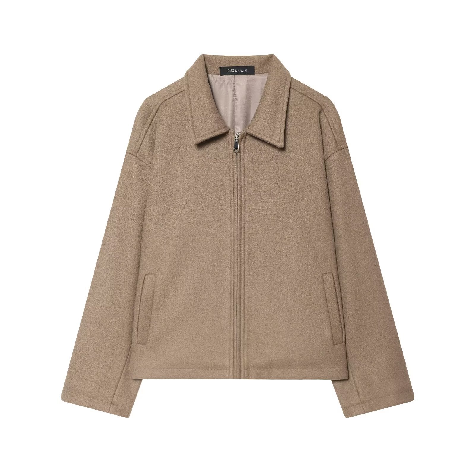 Women Boxy Wool Blend Blouson Jacket with Zipper and Shirt Collar Chichicherry