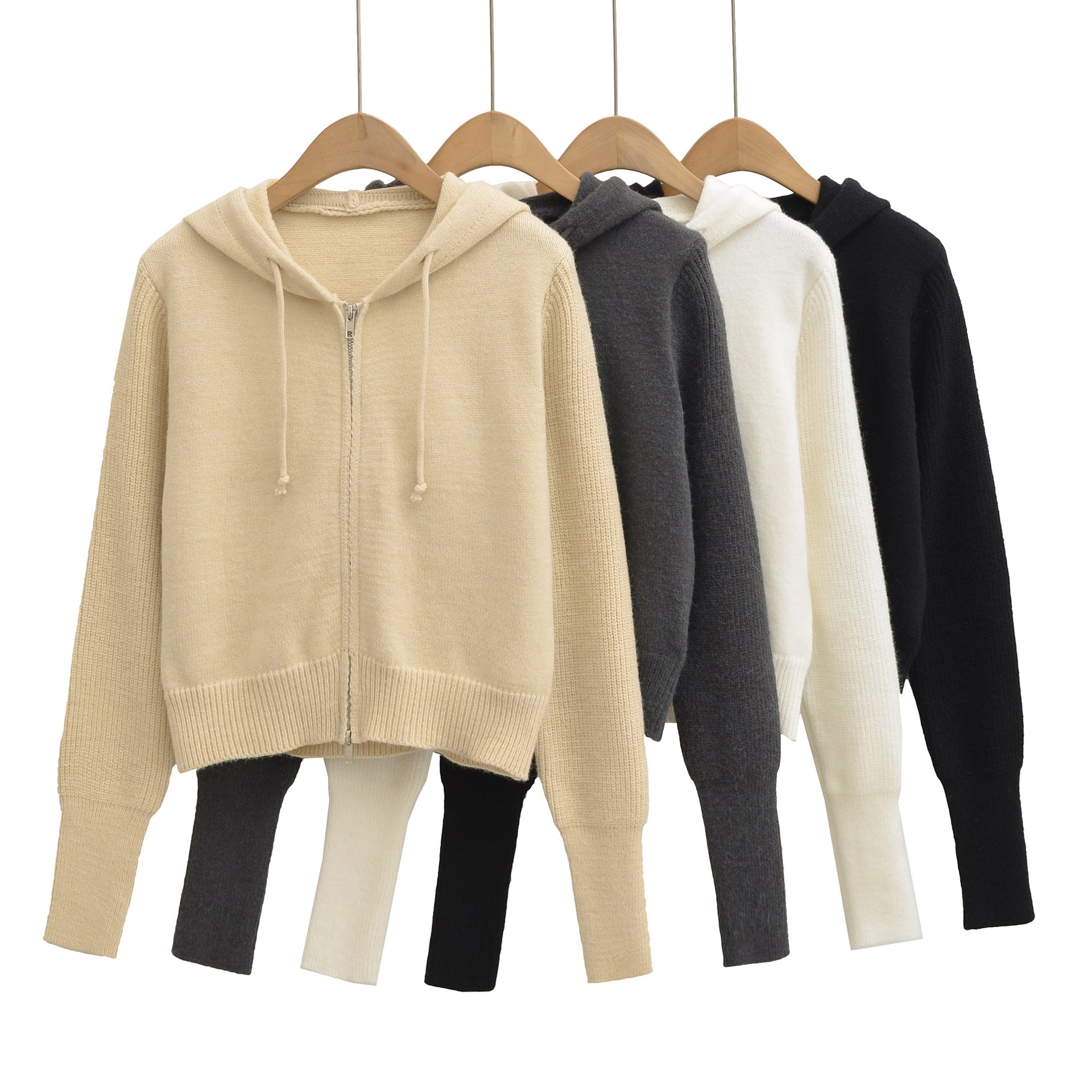 Women's Short Hooded Cardigan with Zipper and Fitted Ribbed Hem Chichicherry