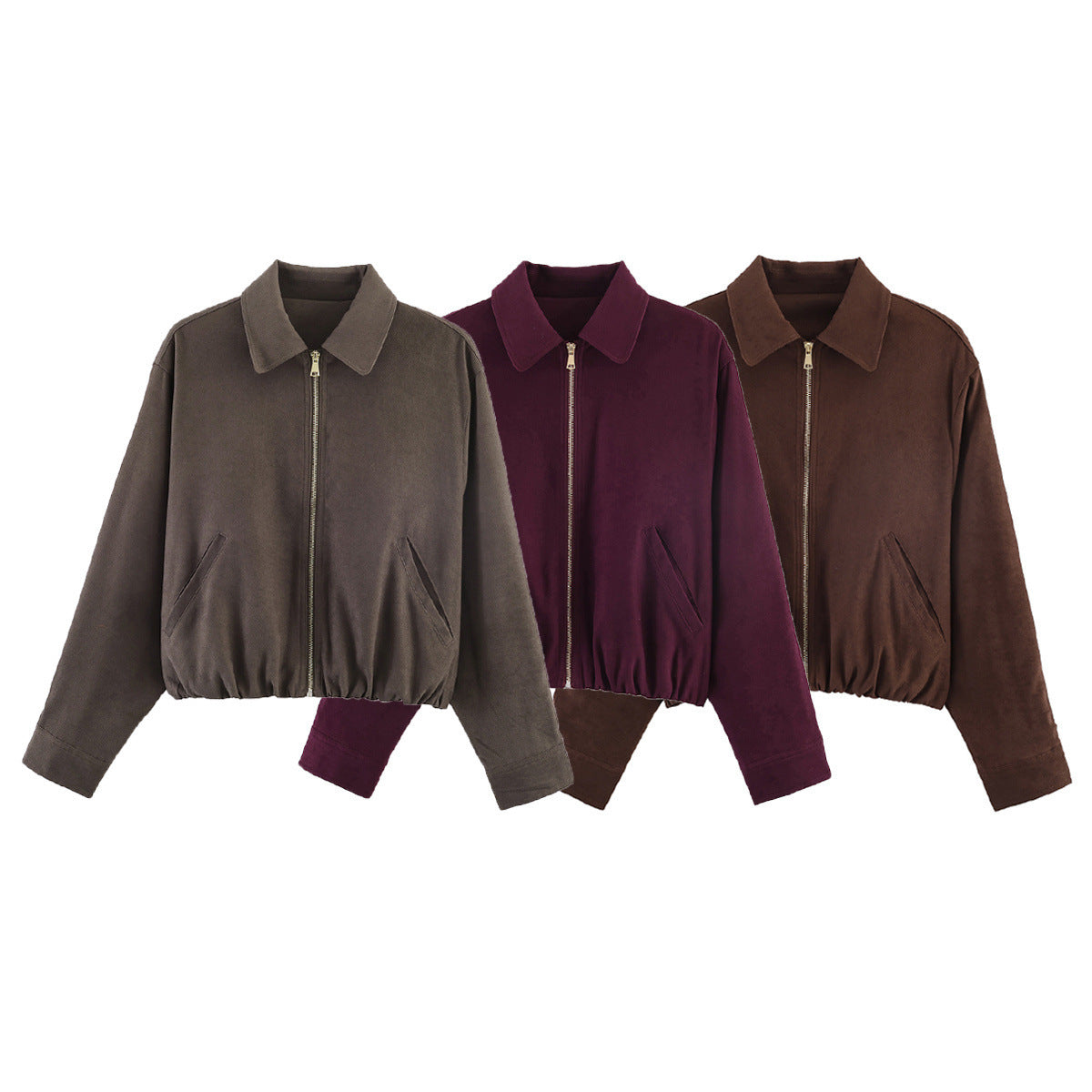 Women’s short-cut suede look bomber jacket with zipper, elastic hem and diagonal side pockets Chichicherry
