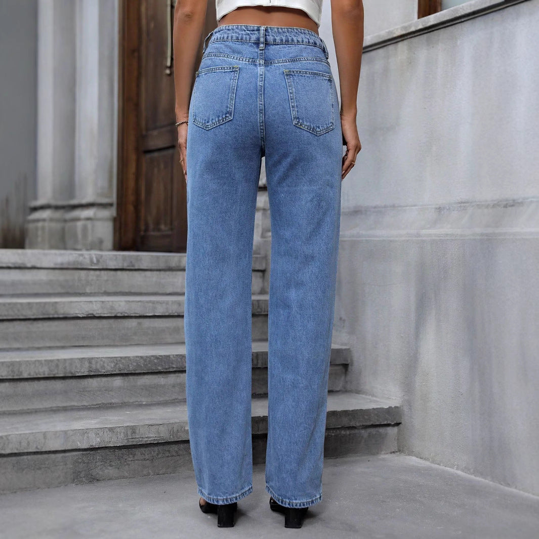 Women High-Waist Straight Jeans with Pearl and Rhinestone Trim Chichicherry