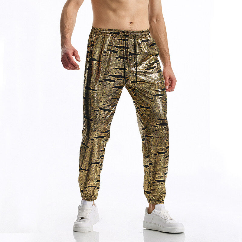 Men's Shiny Jogging Pants with Drawstring, Tapered Leg and Abstract Print Chichicherry