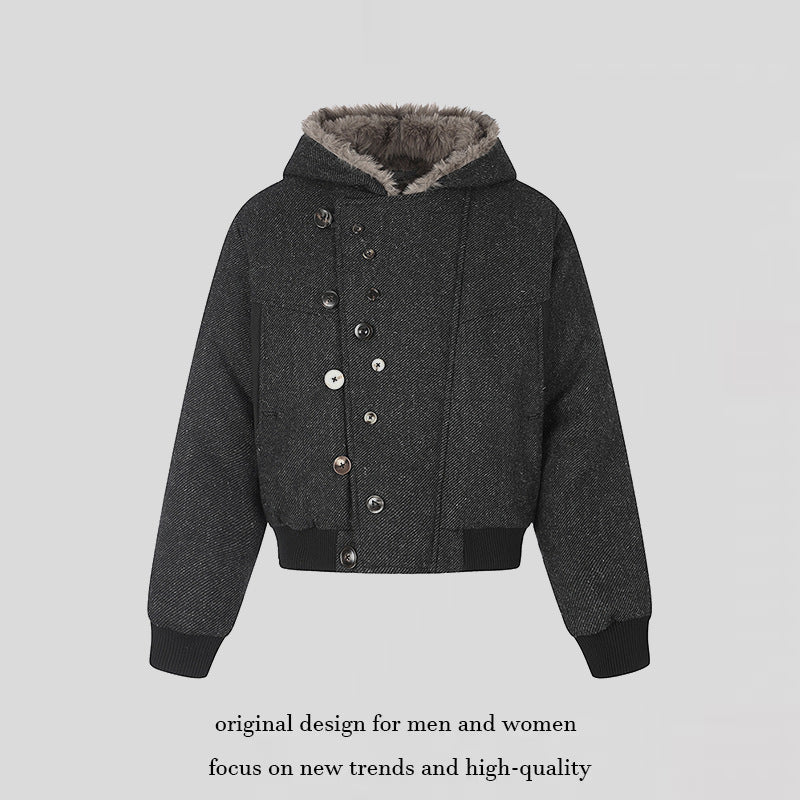 Women's hooded bomber jacket with faux fur lining, asymmetrical multi-button placket, and ribbed hem Chichicherry