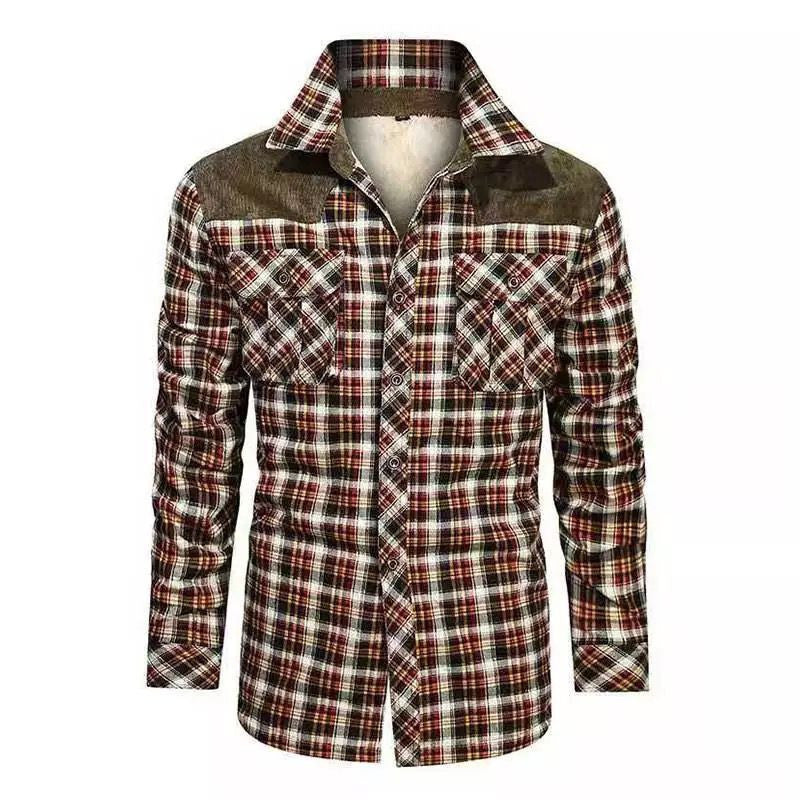 Men's padded check shirt jacket with teddy fleece lining, chest flap pockets and shoulder patches Chichicherry