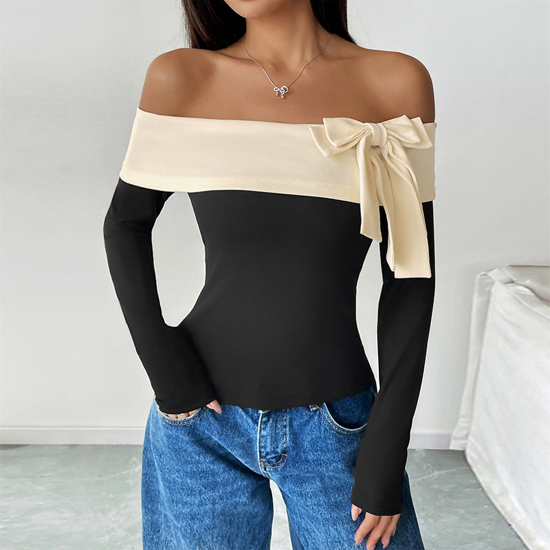Women's Off-Shoulder Long Sleeve Top with Wide Folded Collar and Decorative Bow