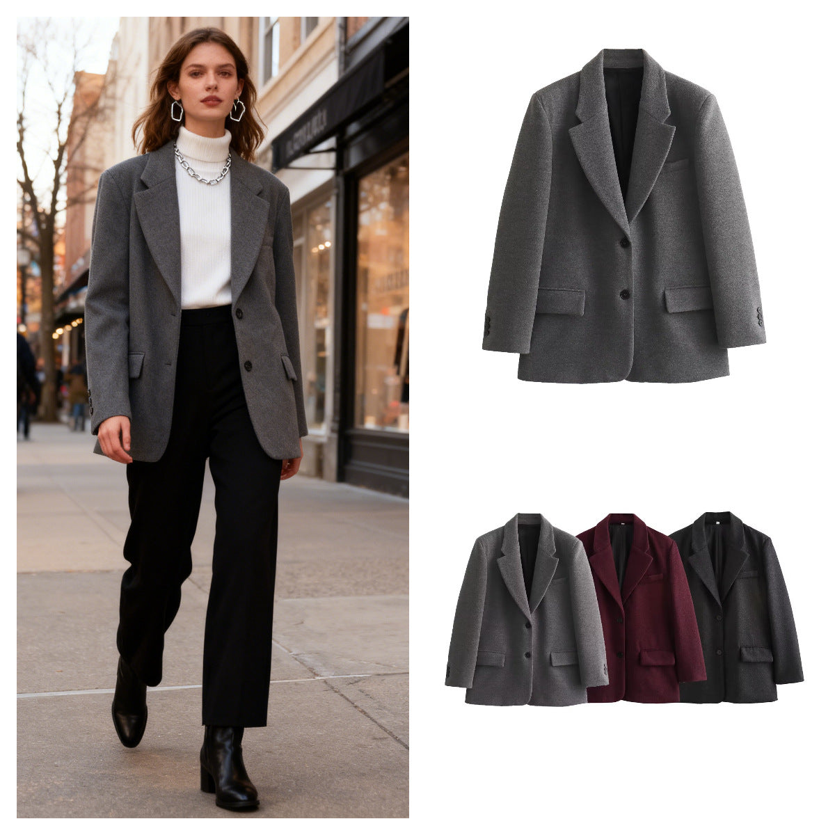 Women Long Wool Blend Double-Breasted Coat with Notched Collar and Flap Pockets Chichicherry