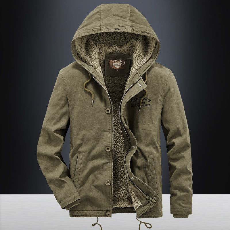 Men's canvas hooded jacket with full teddy lining, two-way zipper and drawstring hem Chichicherry