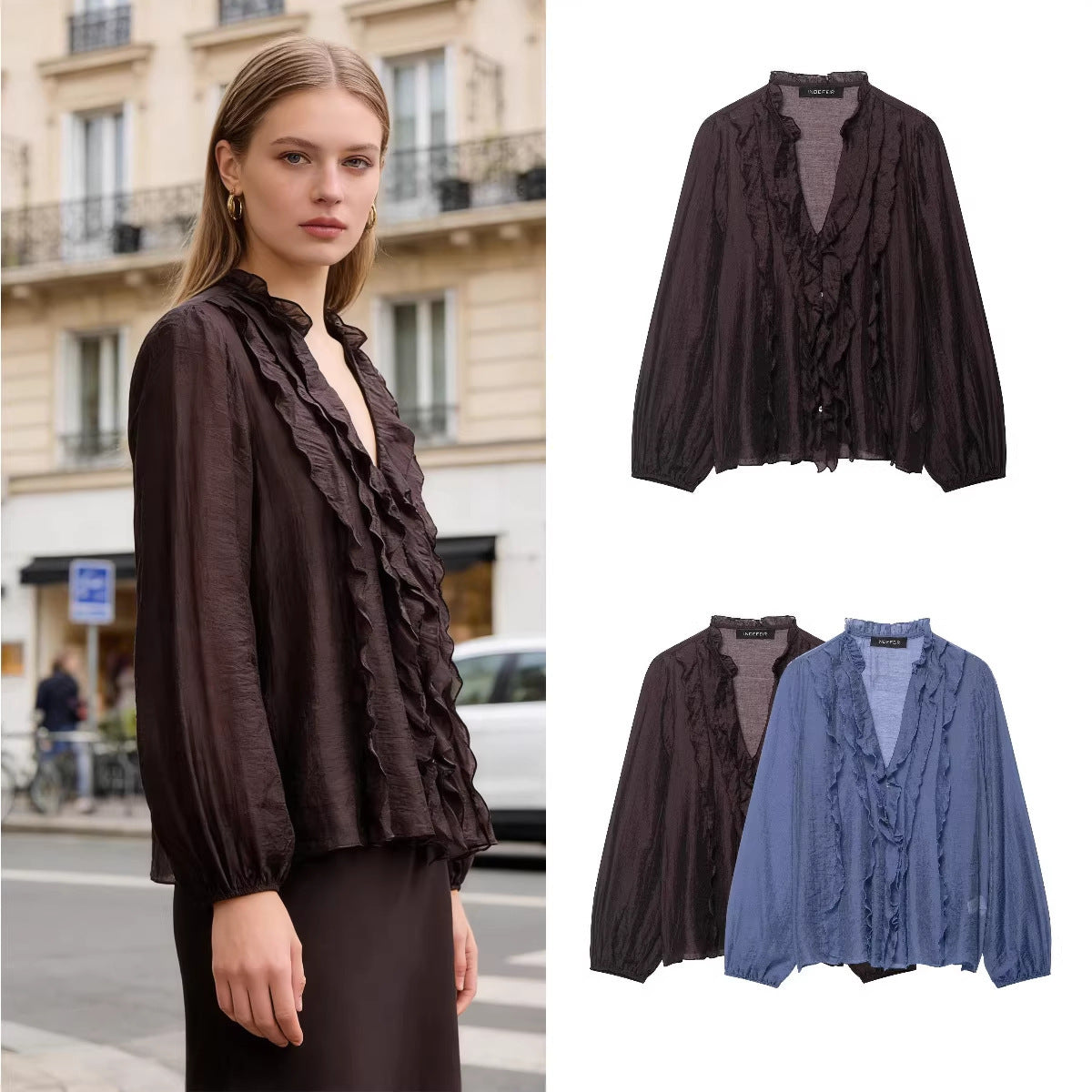Ladies Transparent Crinkle Blouse with Ruffle Collar, Ruffled Front and Balloon Sleeves Chichicherry