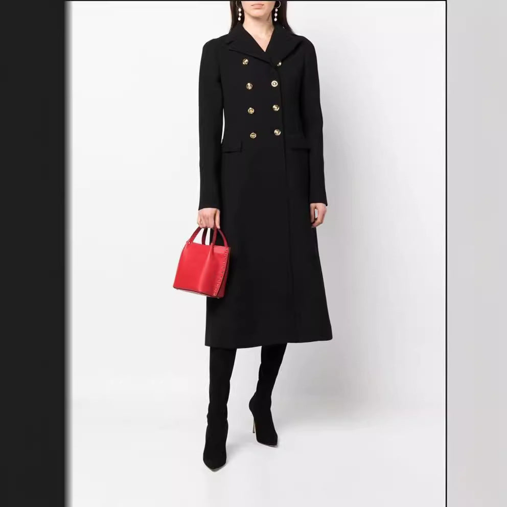 Women Tailored Double-Breasted Wool Blend Coat with Delicate Decorative Buttons and Flap Pockets Chichicherry