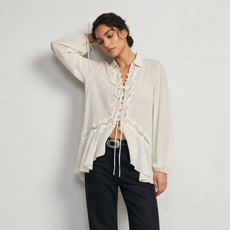 Women Transparent Chiffon Blouse with Lace Trim, Tie Band & Asymmetrical Ruffle Hem Chichicherry