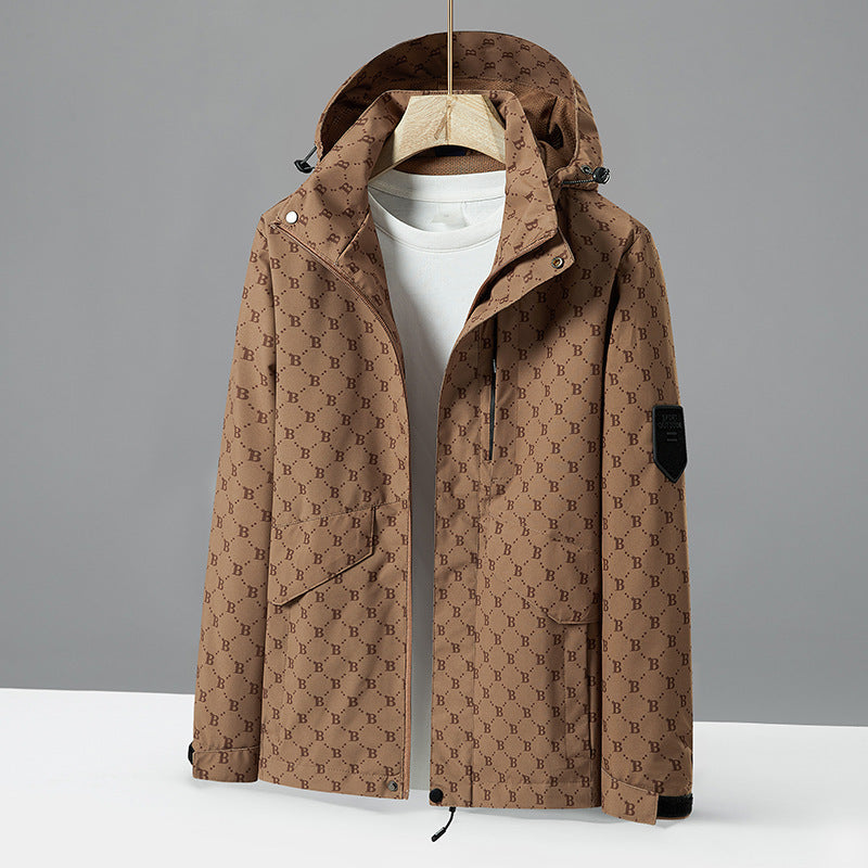 Men's lightweight water-repellent hooded jacket with all-over logo pattern, windproof shell, and practical pockets Chichicherry